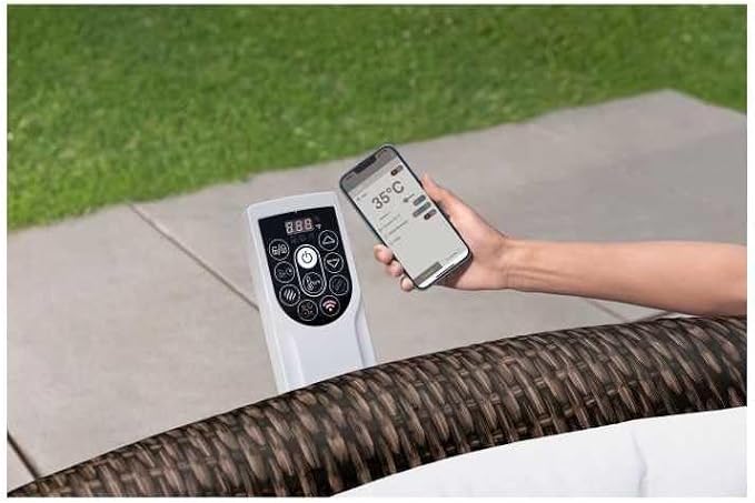 Bestway® Lay-Z-SPA® Bali AirJet™ Energy-Saving Whirlpool with App Control + Integrated UltraFit™ Pump Unit, for 7 People, Diameter 216 x 71 cm, Rattan Look (Chocolate Brown)
