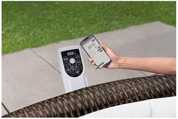 Bestway® Lay-Z-SPA® Bali AirJet™ Energy-Saving Whirlpool with App Control + Integrated UltraFit™ Pump Unit, for 7 People, Diameter 216 x 71 cm, Rattan Look (Chocolate Brown) - BestwayEgypt